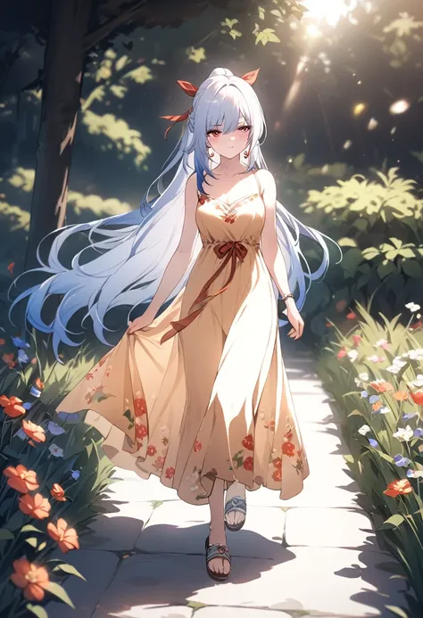 a beautiful woman wearing a floral maxi dress, sandals, long flowing hair, walking in a garden with flowers, sunlight, warm colors, soft focus, cinematic lighting, highly detailed, masterpiece, full body, jingliu,1girl,white hair,long hair,ponytail,hair ri...