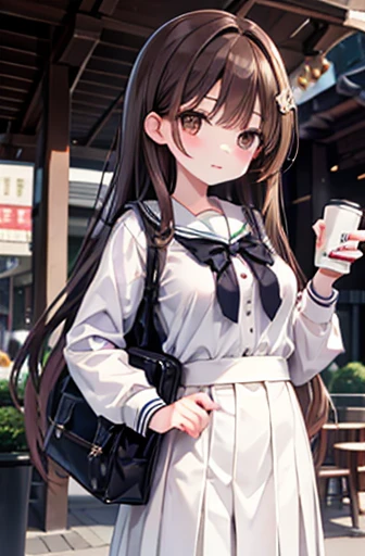 Please redeem, High resolution,thin、Small Face、Brown eyes、expensive、Brown Hair、Long Hair、Around town、Uniform、High school girl、Mature、Starbucks in one hand、Rotate,Large Breasts、