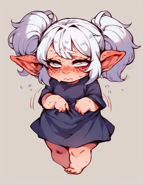 a goblin girl ,2.5d,stortstack,{{wearing a sheer short-sleeved top}}（white  hair,double ponytails）,bangs（heavy sweating）shy expr...