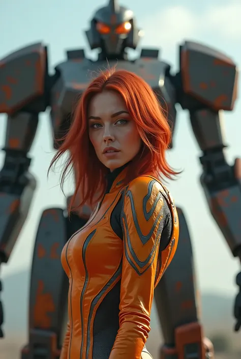 (high definition image :1.2),realistic,high quality,movie light,  full body, 1 stunning European redhead woman, (stands in front of a giant mecha robot:1.3)，she wears a vibrant mecha pilot costume, flirts with the camera, looking over your shoulder