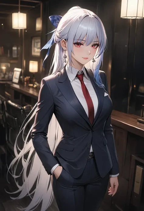 a woman wearing a tailored suit with trousers, a tie, well-dressed elegant, high-quality clothing, formal attire, office wear, sharp dressed, classy, detailed, highly detailed, realistic lighting, studio lighting, full body,masterpiece, jingliu,1girl,white...