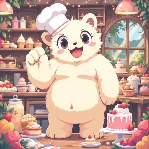 pastry chef, a plump middle-aged polar bear man, full body in Michelangelo Buonarroti style, digital illustration anime, character focus, full body, looking away, dynamic angle, BREAK happy, little smile, chefs hat, costume, boots, cook a cake, a beautiful...