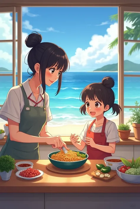 Anime mother and daughter beach house yakisoba making