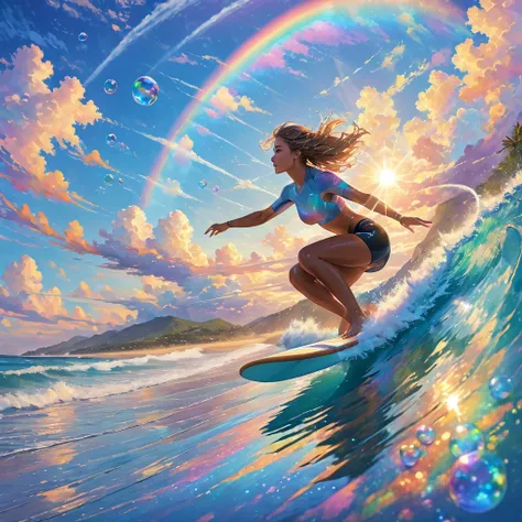 very beautiful face girl flying through the sky on a surfboard. afloat. A majestic scene of a surfer girl cutting through the clouds with a sky and rainbow in the background. Her stands out sharply against the sparkling sky. Several Iridescent marbles floa...