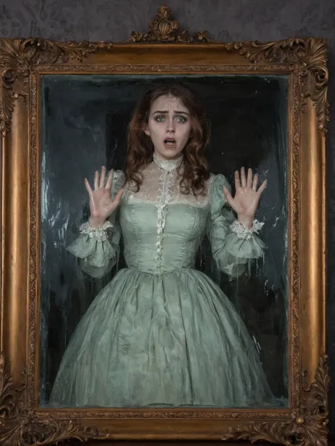 Young woman, green eyes, brown hair, victorian dress, trapped in a haunted oil painting, hands pressed against glass, painting frame, ghostly, trapped, horrified, hanging on the wall in a victorian house