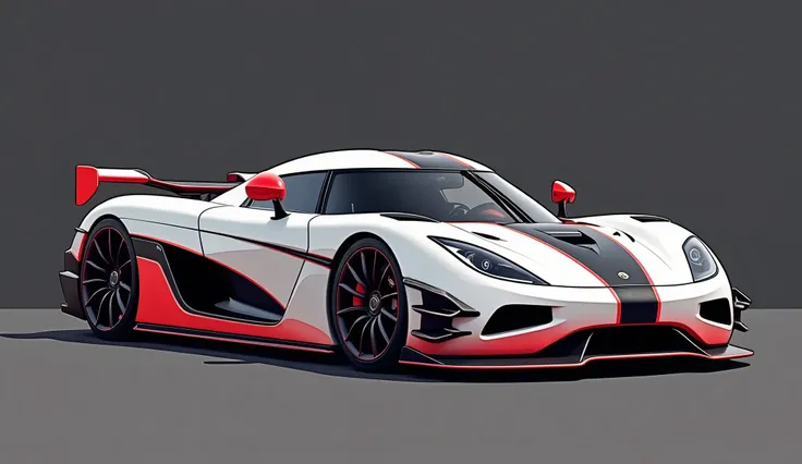 single Koenigsegg car, front lateral angle and slight top view, color palette: white and red, graphic stamp illustration design, solid dark grey background