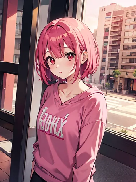 Girl, short pink hair, pink clothes, red eyes, red room, behind the window is a big city,