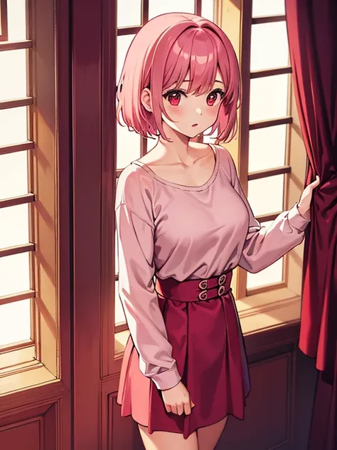 Girl, short pink hair, pink clothes, red eyes, red room, behind the window is a big city,