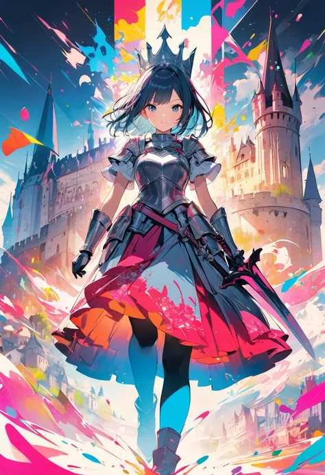 (masterpiece, best quality),(double exposure: 1.2), woodblock print collage depicting,(A tween knight girl,castle),she is surrounded by great-sword symbols,splash color, collage art, contemporary art,lens flare,