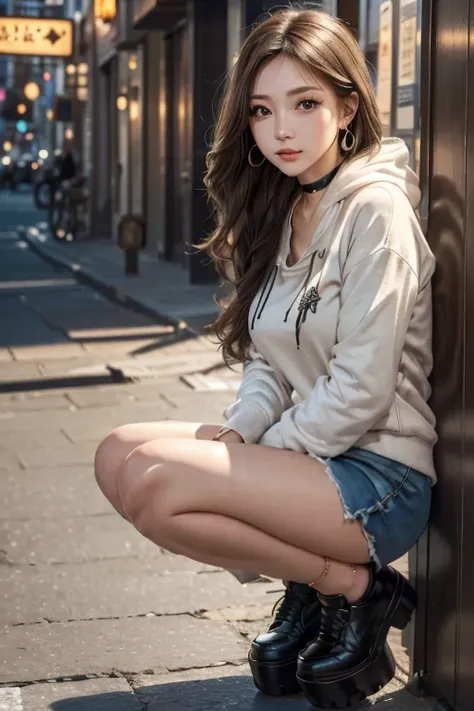 High resolution, high detail, Best Quality,whole body,Beautiful woman,Large Breasts,complete body,Light brown long hair,
hoodie,Platform shoes,
Gal.safetensors,One girl,Galメイク,Earrings,Choker 