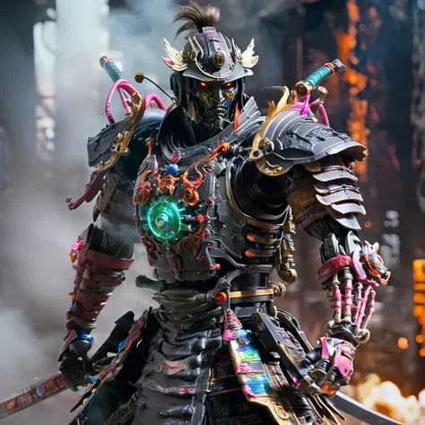 A cyborg samurai-like creature in action、Launch an attack on the enemy, FW Murano Style, Pitch black smoke coming out, Vibrant Color Blast, Incredibly detailed, dark, Key Visual, Atmospheric, Very realistic, Attention to detail and texture, Ray Tracing