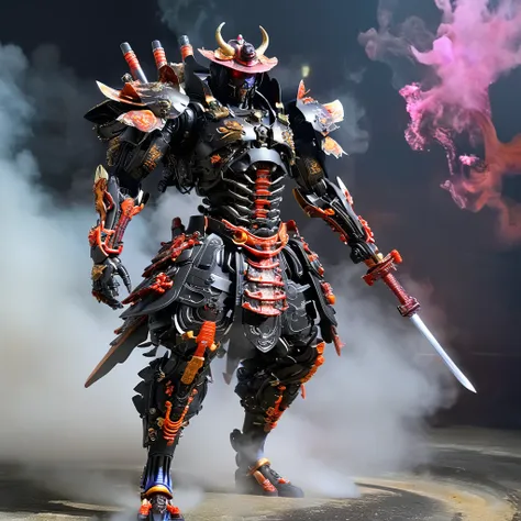 A cyborg samurai-like creature in action、Launch an attack on the enemy, FW Murano Style, Pitch black smoke coming out, Vibrant Color Blast, Incredibly detailed, dark, Key Visual, Atmospheric, Very realistic, Attention to detail and texture, Ray Tracing