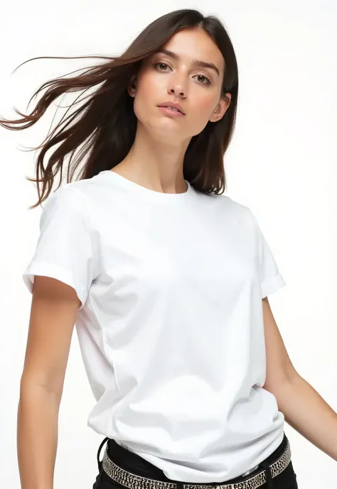 a woman in a white shirt and black pants with a belt, white tshirt, white t-shirt, white t - shirt, dressed in a white t shirt, plain white tshirt, dressed in a white t-shirt, white shirt, casual white garment, fine white shirt, wearing white shirt, white ...