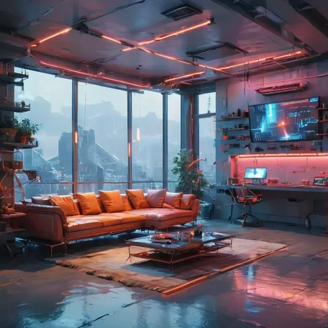 Night, bachelor apartment, room in futuristic style, twilight, huge panoramic window, bluish reflections on glass, different interfaces on glass, neon lighting along the frame, There are pyramid lanterns in the corners of the room, futuristic design, ergon...