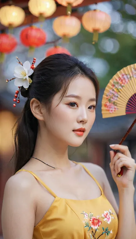 Close-up of a beautiful Korean woman., Chest size 34 inches, Wear a crop top, Holding a Chinese fan, Bokeh background, UHD