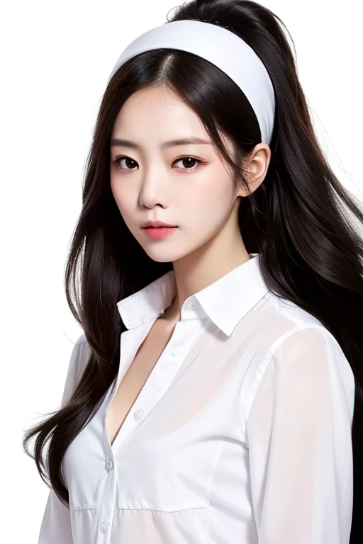 masterpiece, best quality, It is true, 1 woman, Long hair, Broad shoulders, Small head,Double eyelid surgery, Square face, Light white shirt, Unbutton, Clear chest pad, bathroom， portrait, (White background:1.3), Mouth closed