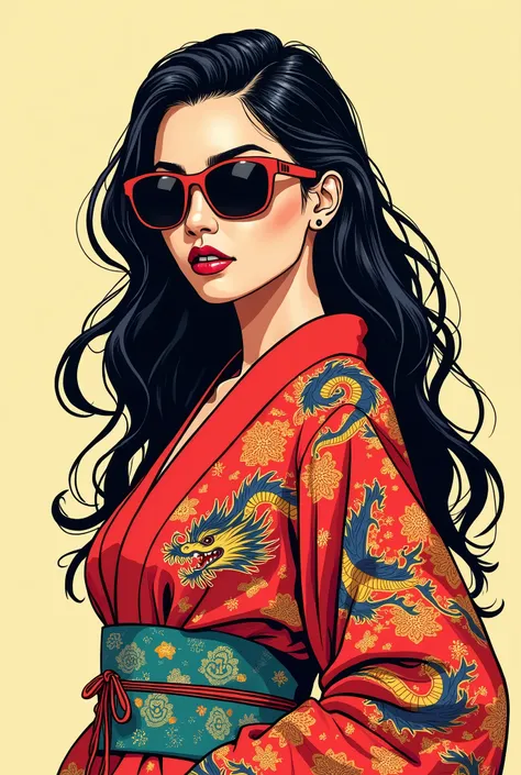 Colorful woman with long hair, sunglasses, red dragon print kimono as a drawn comic character with strong lineart
