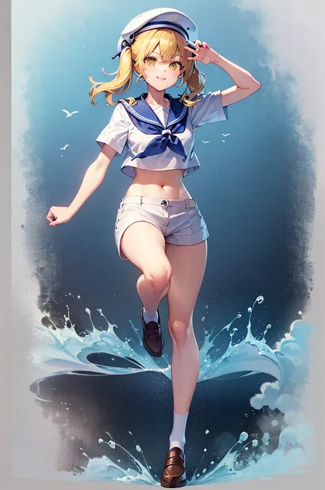 Twin-tailed golden-haired girl in sailor suit, Visible navel, Wear a hat and pants.a drawing of an anime character, clean line drawings, ultra cute girl, ultra cute face, ultra detailed eyes, ultra detailed hair, ultra cute, ultra beautiful, ((high end)), ...