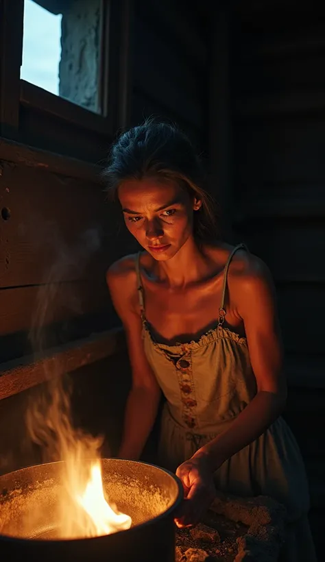 A cinematic photograph captures a haunting scene in a dimly lit wood shack. A gaunt young woman, an indentured servant, leans over a meager fire. Her tattered clothes cling to her thin frame, revealing glimpses of her collarbones and the subtle curve of he...