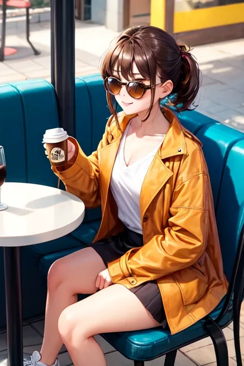 Girl drinking with a coffee in her hand, sitting at a cafe table [clothes: dark orange open coat, grey V-neck shirt, black skirt, white sneakers] [features: calm face with a slight smile, small freckles on her cheeks, dark brown eyes, brown hair] [accessor...