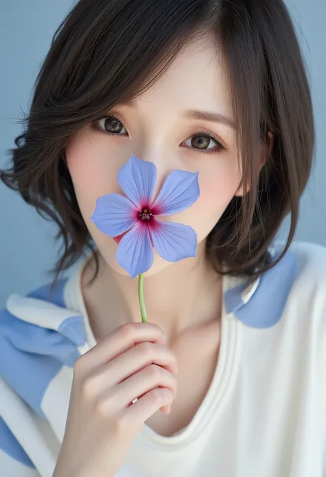 1girl, solo, short hair, simple background, brown hair, black hair, holding, jewelry, collarbone, closed eyes, flower, Flowers placed in front of one eye,earrings, parted lips, choker, artist name, necklace, lips, eyelashes, makeup, rose, watermark, blue b...