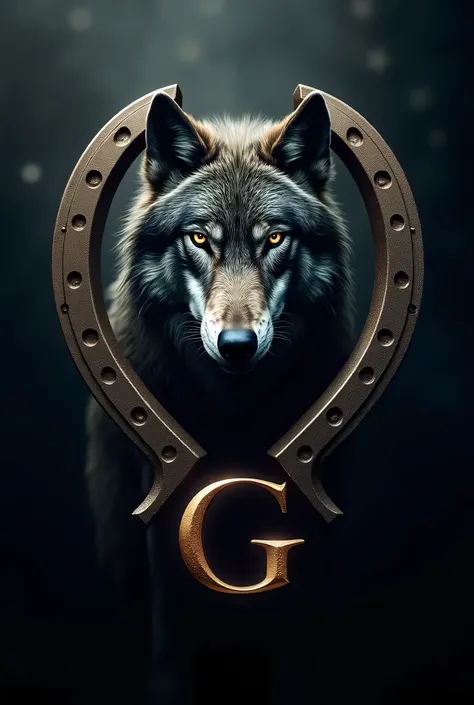 a striking, elegant and authentic logo with a wolf, a horseshoe in the shape of a bulls face, and large capital letters "JG", cinematic lighting, dark moody atmosphere, detailed fur, intense eyes, highly detailed, sharp focus, 8k, photorealistic, dramatic,...