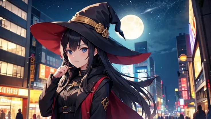 Night in the City、A young woman wearing a witch&#39;s hat、Wearing a black lace open outfit、A scene where she smiles and mischievously waves her hand。Behind them is a streetscape dotted with pumpkin lanterns and Halloween decorations.。