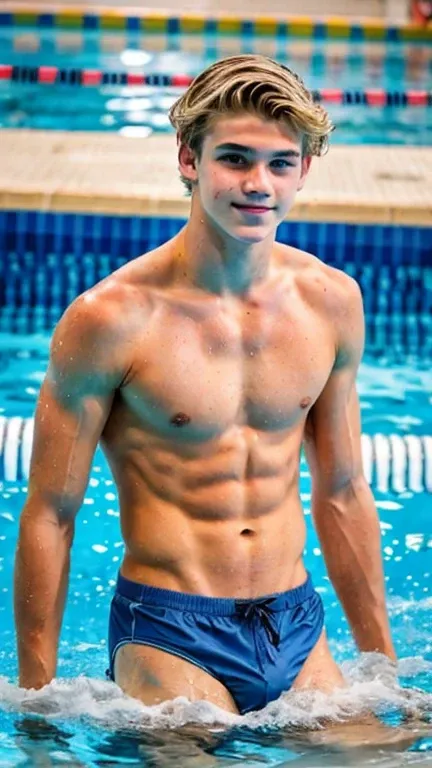 Young adult , “seventeen years old”, light blonde hair, modern peaked, disheveled. blue colored eyes, large nose , but beautiful. Danish Style. Wearing blue and yellow swim trunks, Body cute, lean defined Coming out of an Olympic pool.