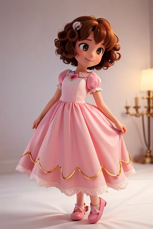 white skin girl, about , ((perfect face)), brown eyes, curly hair, light pink dress, short hair, smiling, similar to sleeping beauty, full body from head to toe, white background, disney style