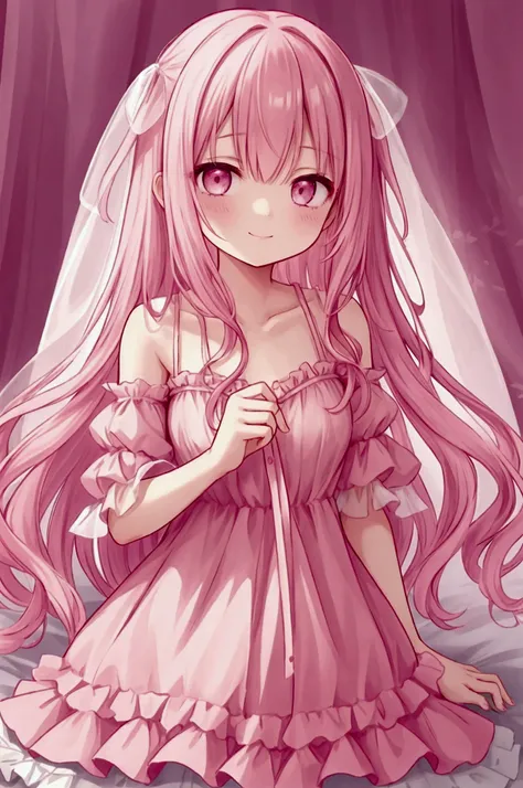 girl,smile,Pink long hair、Droopy eyes,Pink nightgown,See-through negligee,High resolution,High image quality,