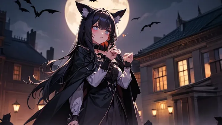 Halloween Night、A young woman dressed in a black cat costume、Hiding in the darkness in revealing clothing、The moment he plays a prank on the kids。In the distance, an old mansion is visible, illuminated by the moonlight.。