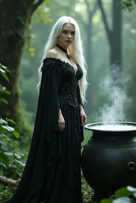 Beautiful albino woman; wearing witch clothes; Large breasts and butt; near a cauldron; forest scenery in the background