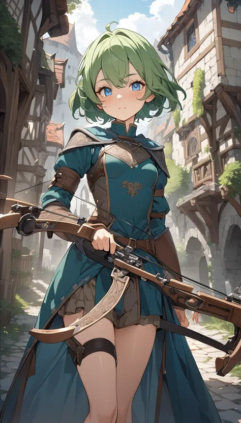 masterpiece, Best Quality, High resolution, Super detailed, Anime Style,  Fantasy, Medieval roads , One Girl, solo, Cowboy Shot,  Cute face, Small breasts, slim, Green hair short cut, break, Blue Eyes, break, Archer,  Crossbow, Shooting from the front,  