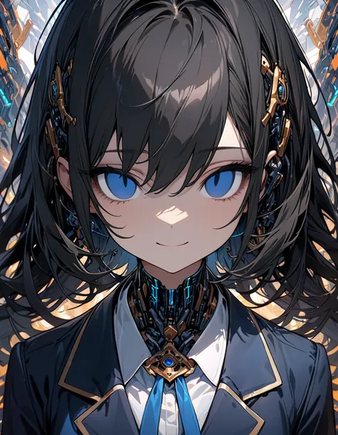 ( blazer girl , ), cybernetic effects background, closeup of face, (looking at viewer), (expressionless smile face, ), kindly, black long hair, blue eyes, ( empty eyes, ), (absurdres, masterpiece, best quality, ultra detailed), 