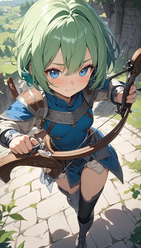 masterpiece, Best Quality, High resolution, Super detailed, Anime Style,  Fantasy, Medieval roads , One Girl, solo, Cowboy Shot,  Cute face, Small breasts, slim, Green hair short cut, break, Blue Eyes, break, Archer,  Crossbow, Shooting from above,  