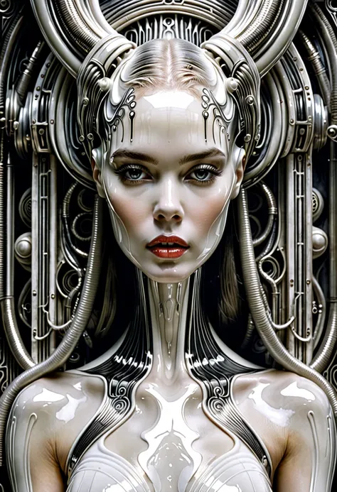 __hr_giger_art___flowing_contours__biomechaical__airbrush___strange__eerie__fashion_magazine_cover__art_deco_border___porcelain_and_platinum / A futuristic looking woman with porcelain skin