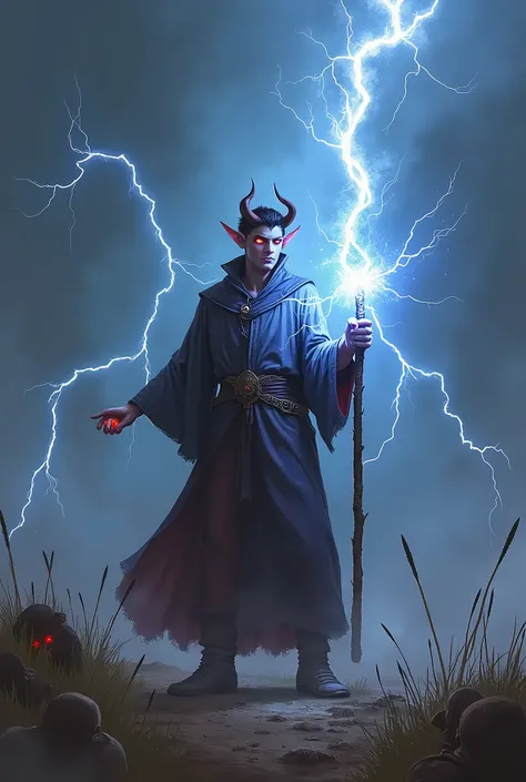 ((лучшее качество)), ((шедевр)), (подробно) A young man tiefling with small demonic horns, one eye glows red, energy emanates from the eye throughout the body. Dressed in a wizards robe. In his hands is a magic staff. Standing in the middle of a field, the...