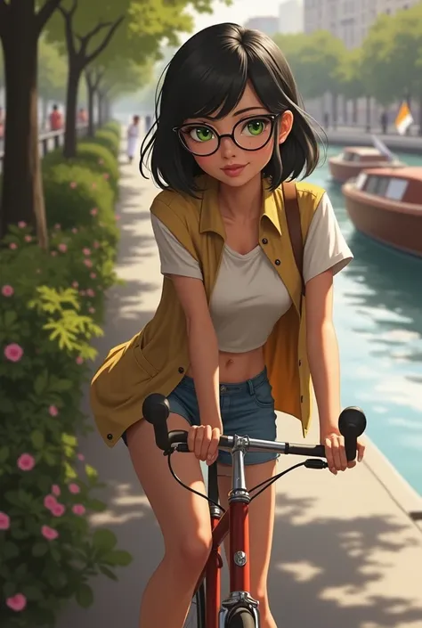 This woman cycling along the docks of Paris, that has black hair, green eyes and clear glasses with black frames 