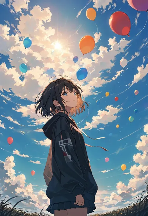 anime、((Amazingly absurd)),(masterpiece:1.2),超High resolution, Attention to detail, High image quality, High resolution, 最High image quality, 4K, 8k、Girl pointing、Pointing at the balloon、look up、smug face、Field at daytime、Standing Alone、Flying balloons、Ill...