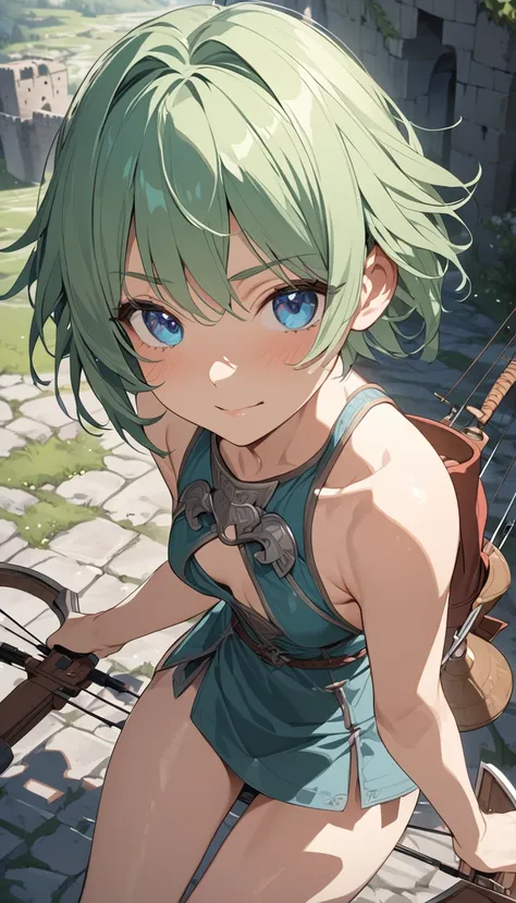 masterpiece, Best Quality, High resolution, Super detailed, Anime Style,  Fantasy, Medieval roads , One Girl, solo, Cowboy Shot,  Cute face, Small breasts, slim, Green hair short cut, break, Blue Eyes, break, Archer,  Crossbow, Shooting from above,  