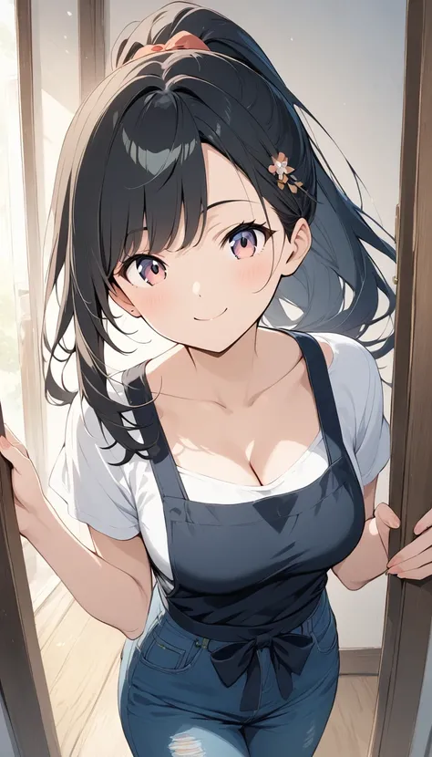 Best Quality、masterpiece、The ultimate precision、Japanese anime style illustration、One female、28 years old、Tall、Long Hair、ponytail、Black Hair、smile、Cleavage、apron、jeans、entrance、My husband greeted me、Looking at the camera、Upper body close-up、