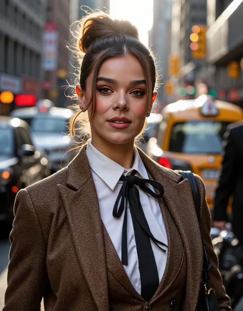 woman, brown updo hairstyle, brown tweed 3 piece business suit with a white shirt and tie, best quality, masterpiece, looking at...