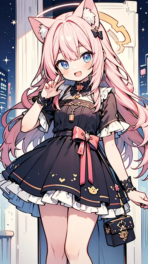 masterpiece,best quality,ultra detailed,
(anime style hyper kawaii character),
1 girlish boy,pink hair,long hair,cat ears,cat tail,angel wing, halo,open mouth smile,Evening greetings,