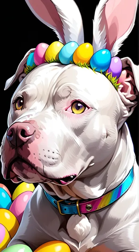 anime style, a strikingly majestic easter pitbull sitting wearing a bunny ear hat and a fake easter eggs on its collar, its fur ...