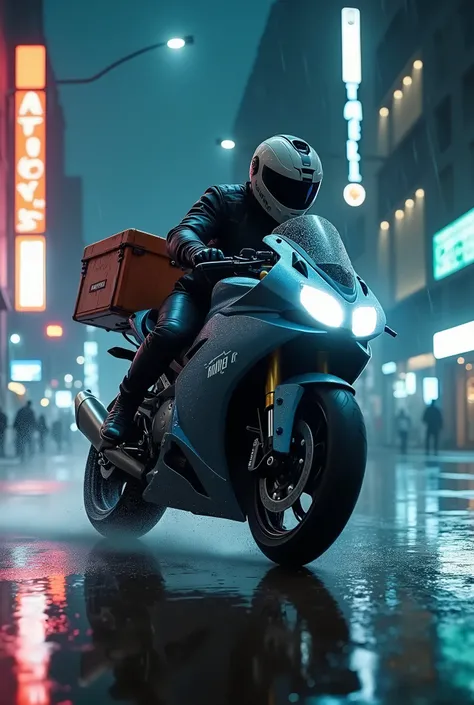 moto, trunk , iFood, rain, night, shark helmet ,sideways