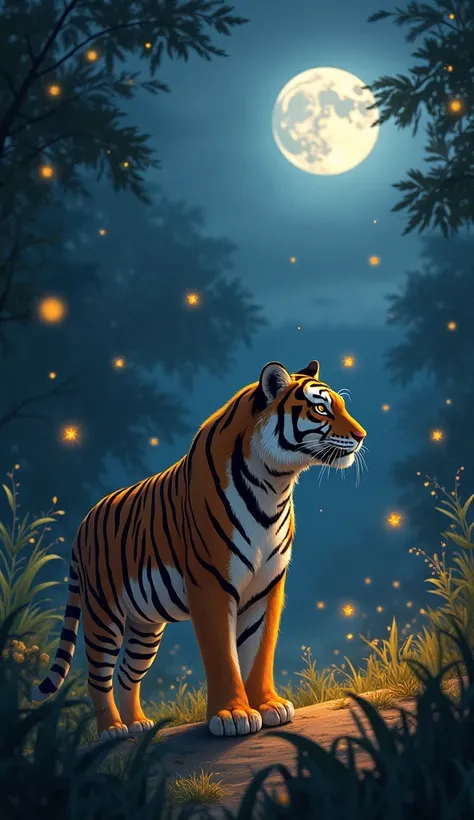 (masterpiece), (detailed), night landscape, Detail photo, A group of fireflies fly over and around a tricolored tiger