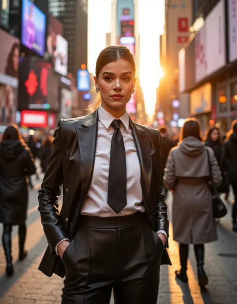 woman, brunette updo hairstyle, pvc leather business suit with a white shirt and tie, best quality, masterpiece, looking at the ...