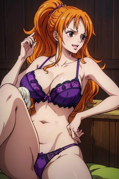  (Best Quality, 4K, 8k, High resolution, masterpiece:1.2), Super detailed, (Realistic, photoRealistic, photo-Realistic:1.37) ,Generate a realistic anime style of Nami from One Piece,Must be made in an anime style,ponytail,A girl with very pale orange-yello...