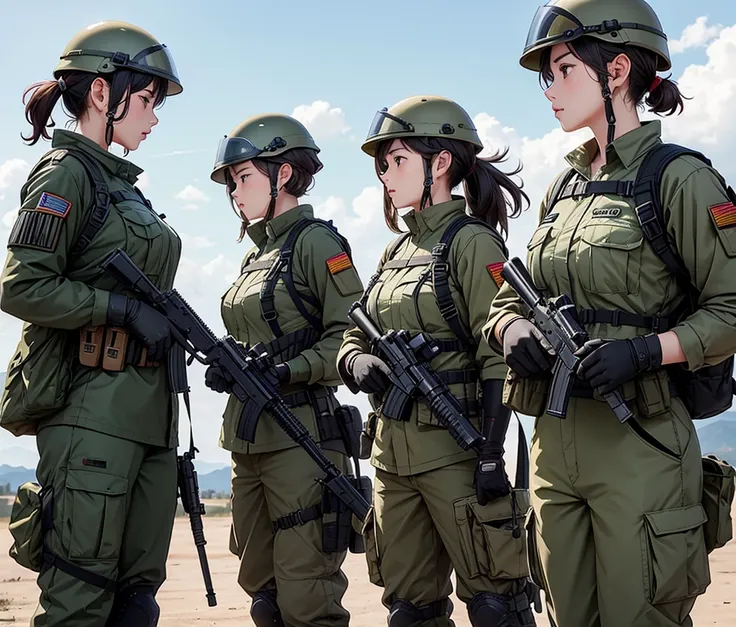 A group of female soldiers attacked another group of female soldiers、Tactical Helmet，Magazine Pouch、Tactical belt、Military Pants、Gloves、masterpiece、Best quality、Highly detailed CG、8K quality