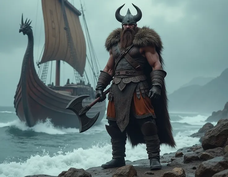 Create a Viking Warrior, standing on the surf line, a nearby moored knor